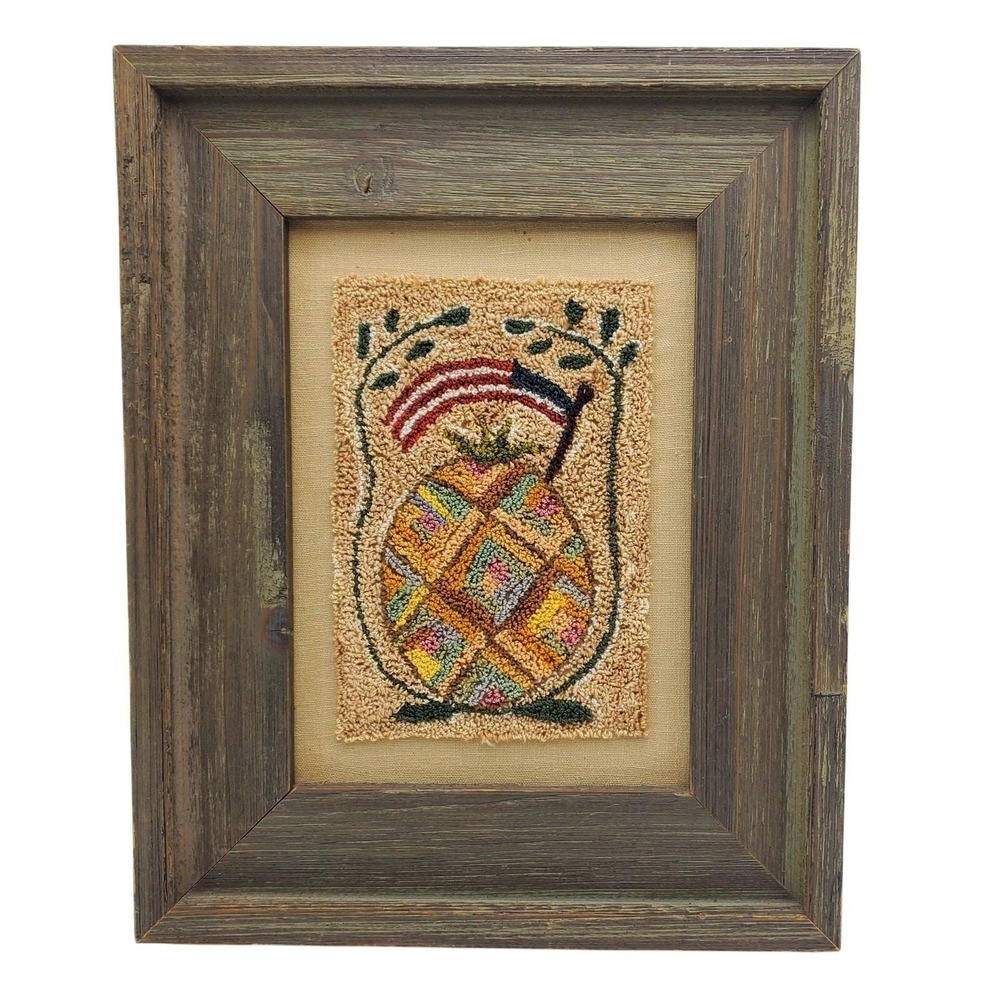 Fiber Folk Art Needle Punch Primitive Pineapple American Flag Patriotic Framed